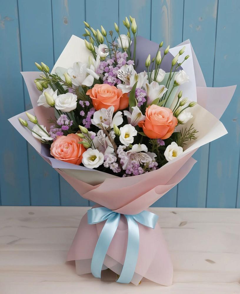 Букет цветов из: Лизиантусы, Розы, Альстромерии и Гипсофила в Нерюнгри